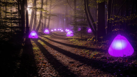Tent in the forest at night with fog in the background.の素材