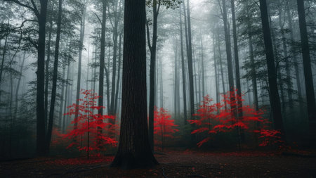 Foggy forest with red tree trunks in the foreground.の素材