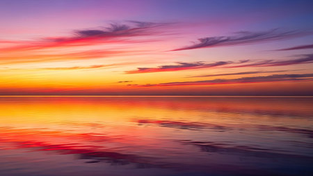 Beautiful sunset over the sea. Colorful sky reflected in water.の素材