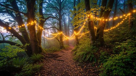 Walking trail in the forest with a garland of light bulbsの素材