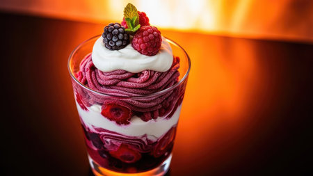 Delicious raspberry and blackberry dessert with whipped cream in a glassの素材