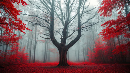 Foggy autumn forest with red leaves and big tree in the fogの素材