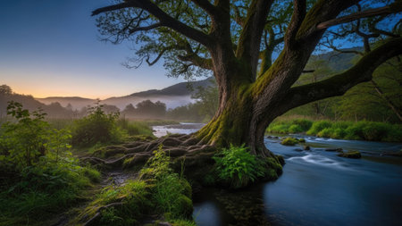 Sunrise over a river in the English Lake District, England.の素材