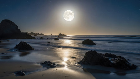 Full moon over the beach at night in Long Beach, California.の素材