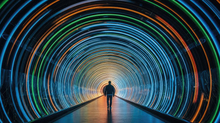 3d rendering of a man walking in a tunnel with colorful lightsの素材
