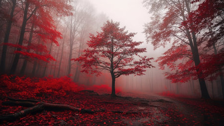 Foggy autumn forest with red leaves. 3d illustration.の素材