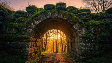Sunset in the forest with a stone arch leading to the entranceの素材