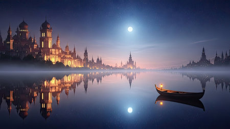 Fantasy Landscape with a boat in a lake at night.の素材