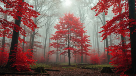 Foggy autumn forest with red leaves, 3d render.の素材