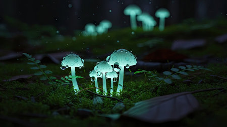 Mushrooms in the forest at night. 3D rendering.の素材
