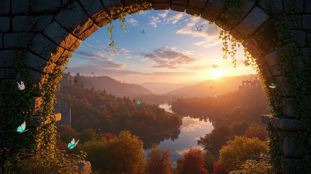 Beautiful autumn landscape with a view of the river and the old castle.の素材