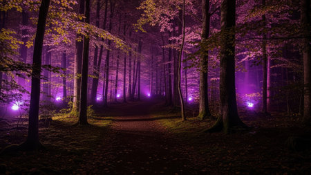 Mysterious forest at night with fog and light in the treesの素材