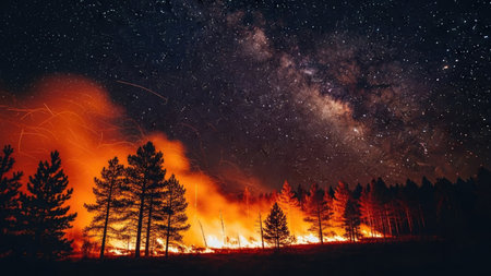 Forest fire at night with milky way and stars in the skyの素材
