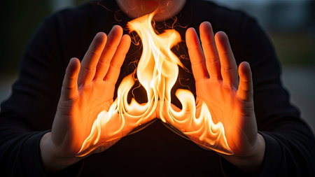 Hands of a man holding a fire in the form of a heartの素材