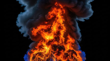 3D Illustration of a Fire with Flames on a Black Backgroundの素材