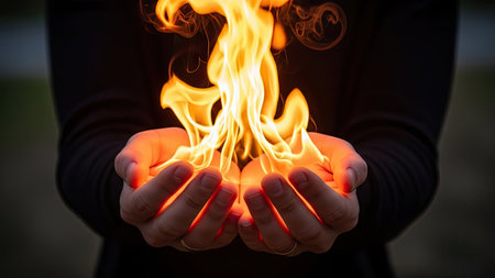 Woman holding a fire in her hands, close-up. Conceptual imageの素材