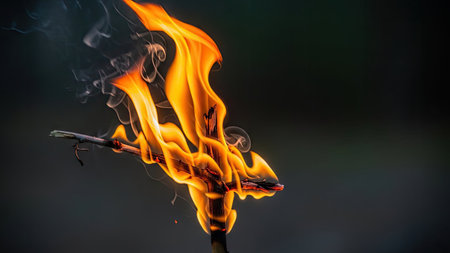 Fire flames on a black background. Burning matchstick close up.の素材