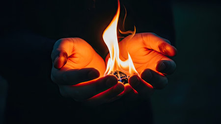 Burning fire in the hands of a man on a dark backgroundの素材