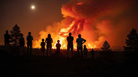 Silhouette of group of people watching the eruption of volcano at nightの素材