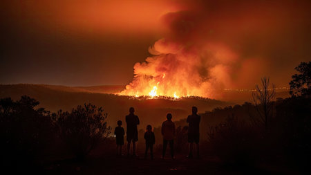 Silhouette of a family standing at the edge of a forest fireの素材