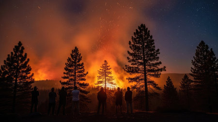A group of tourists watching the big fire in the forest at nightの素材