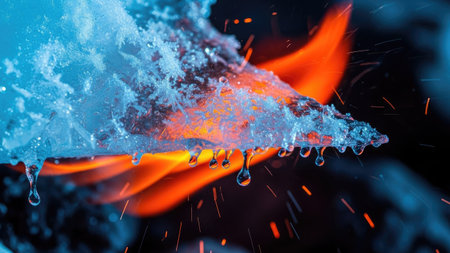 Close-up of melting ice on the bonfire with sparks.の素材