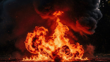 Burning fire in the night forest. Fire in the night forest.の素材