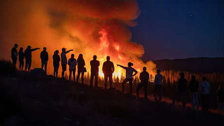 Silhouette of a group of people watching a fire in the mountainsの素材