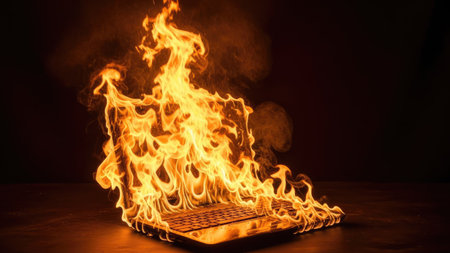 Laptop with fire flames on a black background. Selective focusの素材