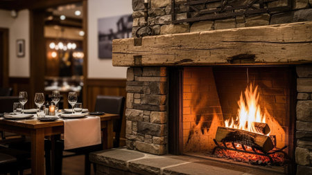 Cozy fireplace with burning firewood in a restaurant or cafe.の素材