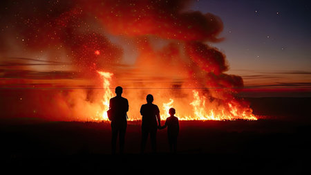 Silhouette of a group of people standing in front of a huge fireの素材
