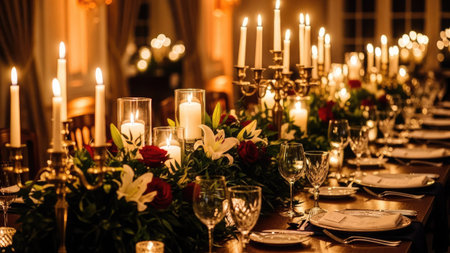 Wedding table setting with candles, plates and cutleryの素材
