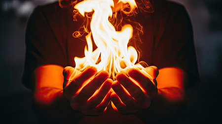Man holding burning fire in his hands, close-up. Conceptual imageの素材