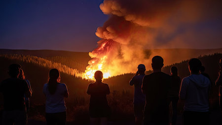 Tourists watching the eruption of a volcano in the forest at nightの素材