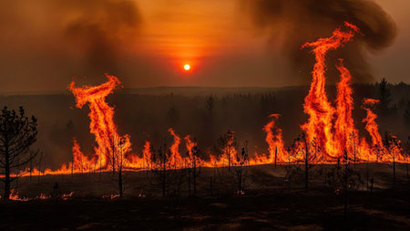 Fire in the forest at sunset. The fire is burning in the forest.の素材