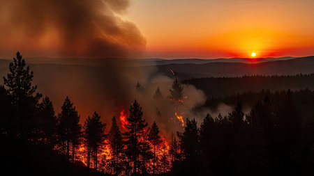 Forest fire at sunset in the Carpathian Mountains, Ukraine.の素材