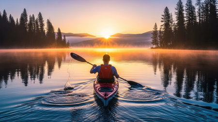 Kayaking on a calm lake in the mountains during a beautiful sunriseの素材