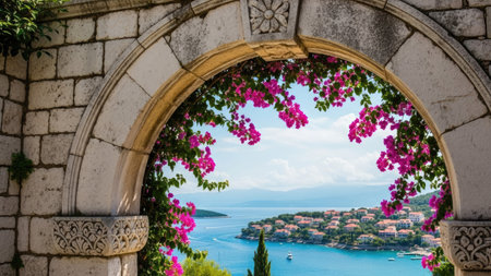 Bougainvillea flowers in the archway of Dubrovnik, Croatiaの素材