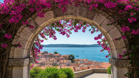 Bougainvillea flowers in the archway of the old town of Dubrovnik, Croatiaの素材