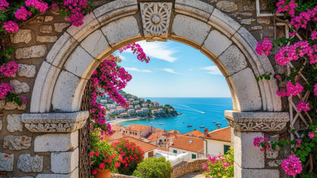 View from the arch to the old town of Budva, Montenegroの素材