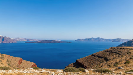 Panoramic view of the caldera in Santorini, Greeceの素材
