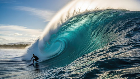 Surfer on Blue Ocean Wave, Bali island, Indonesia.の素材