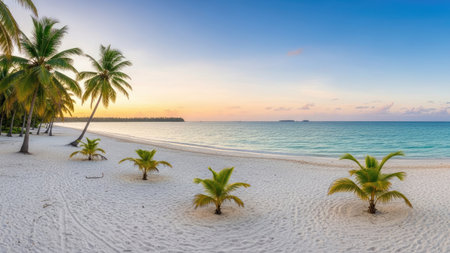 Palm trees on a tropical beach at sunset in Cayo Largo, Cubaの素材