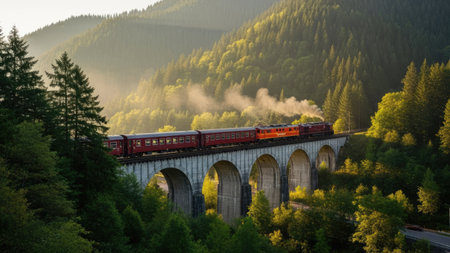 Train on a viaduct in the Carpathian Mountains.の素材