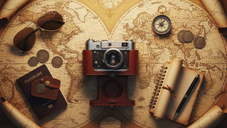 Vintage camera, passport, compass and map. Travel and adventure conceptの素材