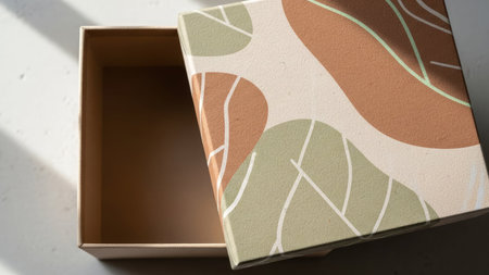 Gift box with floral pattern on white background. Flat lay.の素材