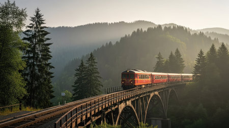 Train on the bridge in the Carpathian mountains, Ukraine.の素材
