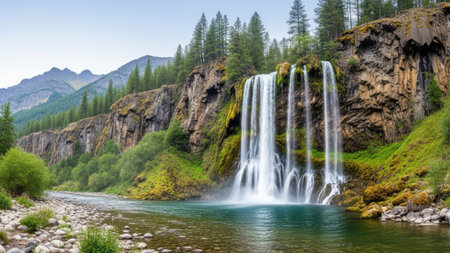 Waterfall in the Altai Mountains, Siberia, Russia. Panoramaの素材