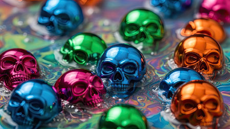 Close up of colorful skulls on water background. Halloween holiday concept.の素材