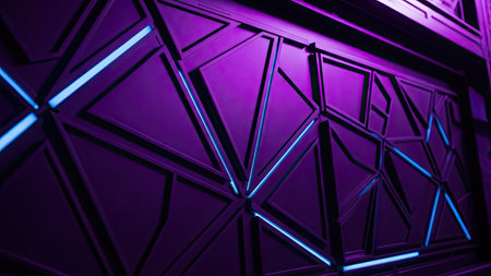Purple metal background with blue neon lights. 3d rendering.の素材